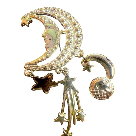 Man in the Moon Crescent Shape Dangling Stars Comet Earth Brooch Pin Gold Tone - Picture 7 of 8